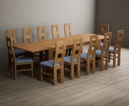 Extending sheringham 200cm solid oak table with 12 blue natural chairs
