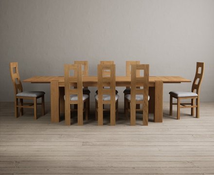 Extending sheringham 200cm solid oak table with 8 light grey natural chairs