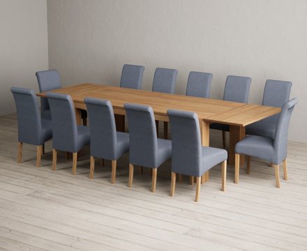 Extending sheringham 200cm solid oak table with 12 blue scroll back chairs