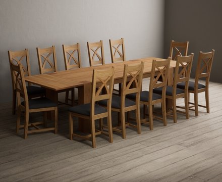 Extending sheringham 200cm solid oak table with 12 charcoal grey natural solid oak chairs
