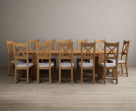 Extending sheringham 200cm solid oak table with 12 light grey natural solid oak chairs