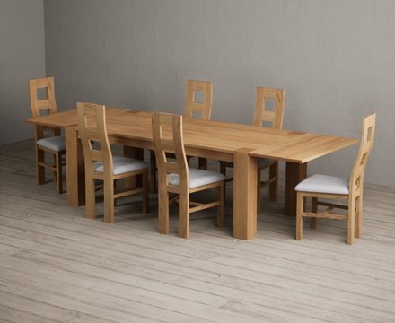 Extending sheringham 200cm solid oak table with 6 light grey natural chairs