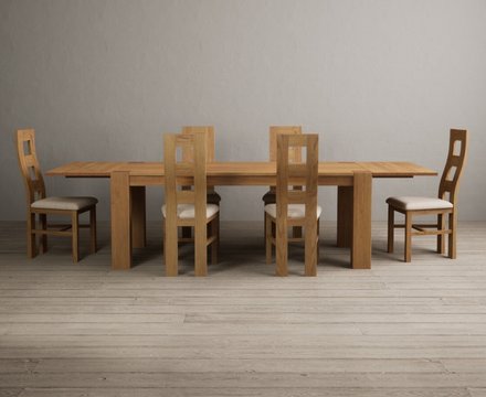 Extending sheringham 200cm solid oak table with 6 linen natural chairs