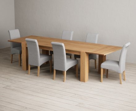 Extending sheringham 200cm solid oak table with 6 grey scroll back chairs