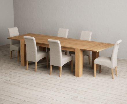 Extending sheringham 200cm solid oak table with 6 natural scroll back chairs