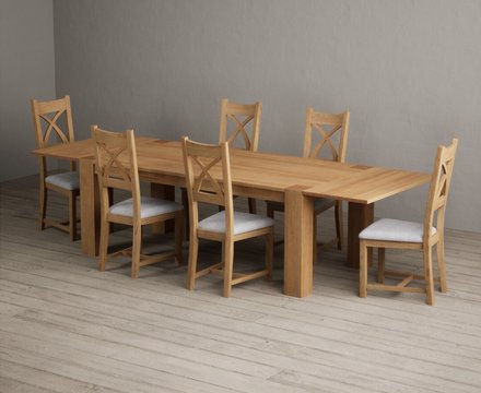 Extending sheringham 200cm solid oak table with 6 light grey natural solid oak chairs