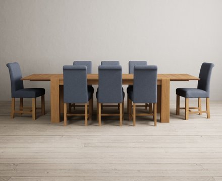 Extending sheringham 200cm solid oak table with 8 blue braced chairs