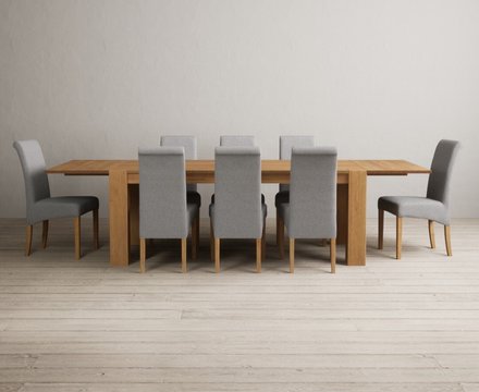 Extending sheringham 200cm solid oak table with 8 grey scroll back chairs
