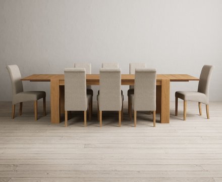 Extending sheringham 200cm solid oak table with 8 natural scroll back chairs