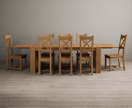 Extending sheringham 200cm solid oak table with 8 oak natural chairs
