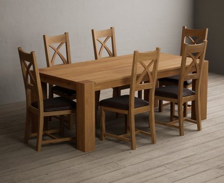 Sheringham 200cm solid oak dining table with 6 brown natural solid oak chairs