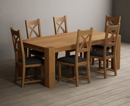 Sheringham 200cm solid oak dining table with 6 charcoal grey natural solid oak chairs