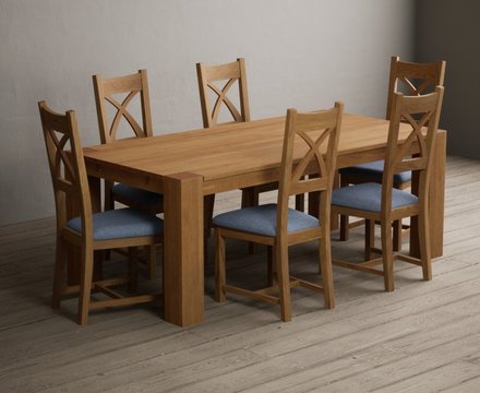 Sheringham 200cm solid oak dining table with 6 blue natural solid oak chairs