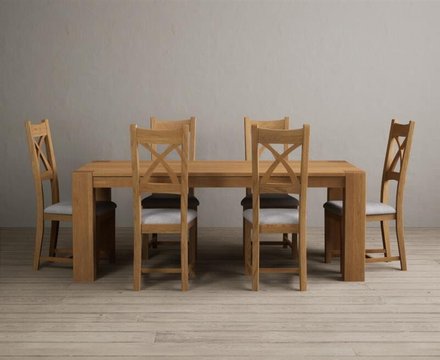 Sheringham 200cm solid oak dining table with 6 light grey natural solid oak chairs