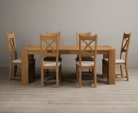 Sheringham 200cm solid oak dining table with 6 linen natural solid oak chairs