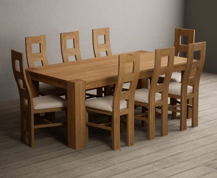 Sheringham 200cm solid oak dining table with 8 linen natural chairs