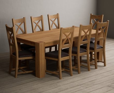 Sheringham 200cm solid oak dining table with 8 brown natural solid oak chairs
