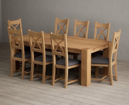 Sheringham 200cm solid oak dining table with 8 charcoal grey natural solid oak chairs