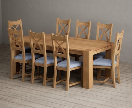 Sheringham 200cm solid oak dining table with 8 blue natural solid oak chairs
