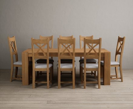 Sheringham 200cm solid oak dining table with 8 light grey natural solid oak chairs