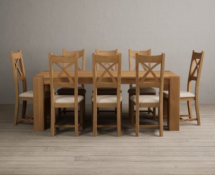 Sheringham 200cm solid oak dining table with 8 linen natural solid oak chairs