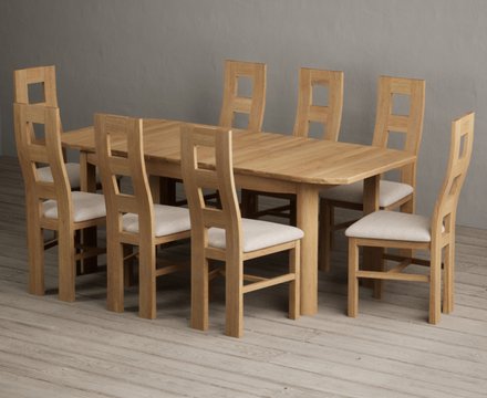 Extending somerton 160cm solid oak dining table with 8 linen natural chairs
