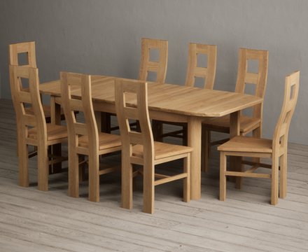 Extending somerton 160cm solid oak dining table with 8 oak natural chairs