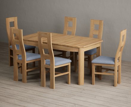 Extending somerton 160cm solid oak dining table with 6 blue natural chairs