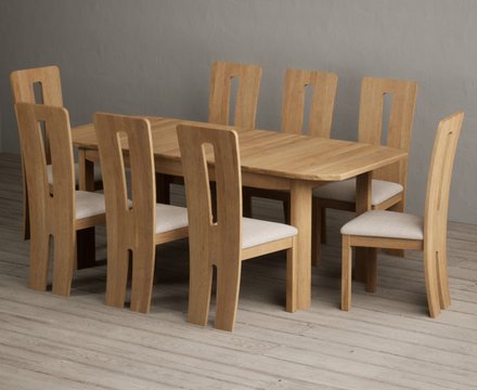 Extending somerton 160cm solid oak dining table with 8 linen lucca chairs