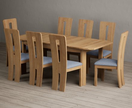 Extending somerton 160cm solid oak dining table with 8 blue lucca chairs
