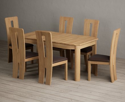 Extending somerton 160cm solid oak dining table with 6 brown lucca chairs