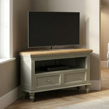 Francis oak and soft green painted corner tv cabinet