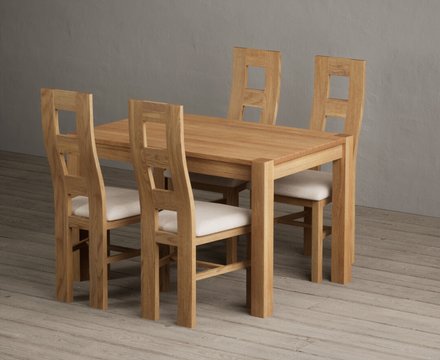 Thetford 120cm solid oak dining table with 4 linen natural chairs