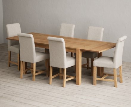 Extending thetford 150cm solid oak dining table with 6 natural braced chairs