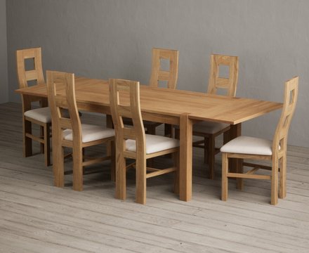 Extending thetford 150cm solid oak dining table with 6 linen natural chairs
