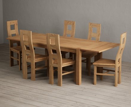 Extending thetford 150cm solid oak dining table with 6 oak natural chairs