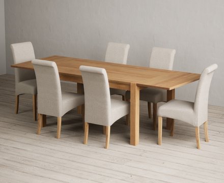 Extending thetford 150cm solid oak dining table with 6 natural scroll back chairs