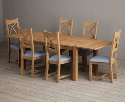Extending thetford 150cm solid oak dining table with 6 blue natural solid oak chairs