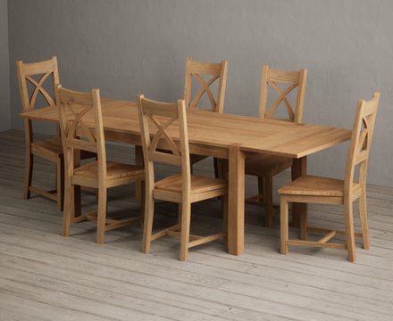 Extending thetford 150cm solid oak dining table with 6 oak natural chairs