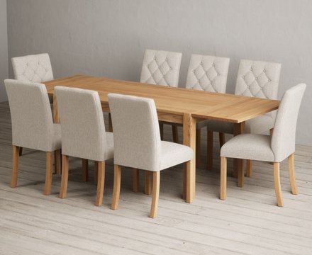 Extending thetford 150cm solid oak table with 8 natural isabella chairs