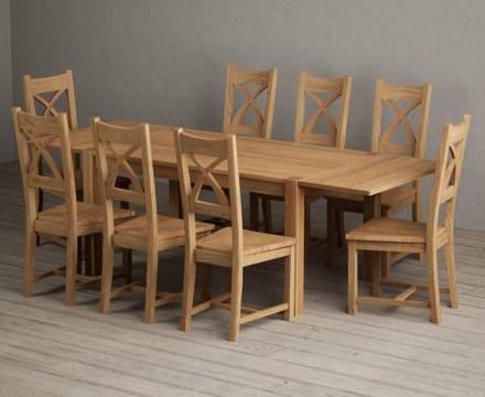 Extending thetford 150cm solid oak dining table with 8 oak natural chairs