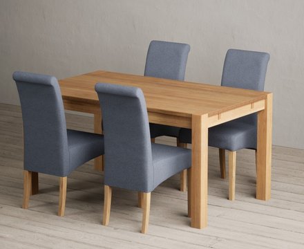 Thetford 150cm solid oak dining table with 4 blue scroll back chairs