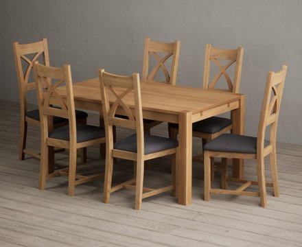 Thetford 150cm solid oak dining table with 6 charcoal grey natural solid oak chairs