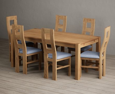 Thetford 180cm solid oak dining table with 6 blue natural chairs