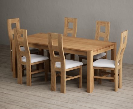 Thetford 180cm solid oak dining table with 6 light grey natural chairs
