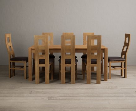 Thetford 180cm solid oak dining table with 8 brown natural chairs