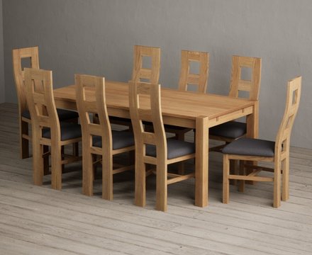 Thetford 180cm solid oak dining table with 8 charcoal grey natural chairs