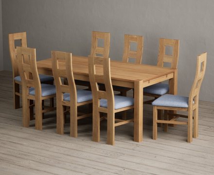 Thetford 180cm solid oak dining table with 8 blue natural chairs