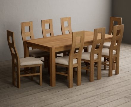 Thetford 180cm solid oak dining table with 8 linen natural chairs
