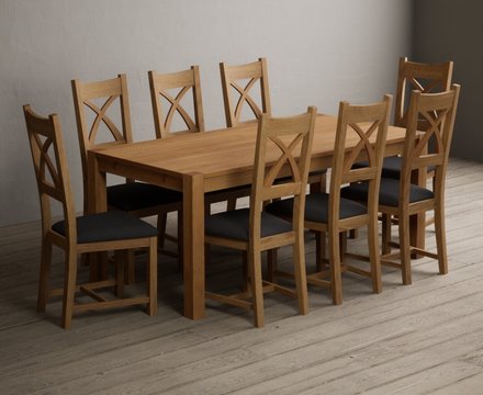 Thetford 180cm solid oak dining table with 10 charcoal grey natural solid oak chairs
